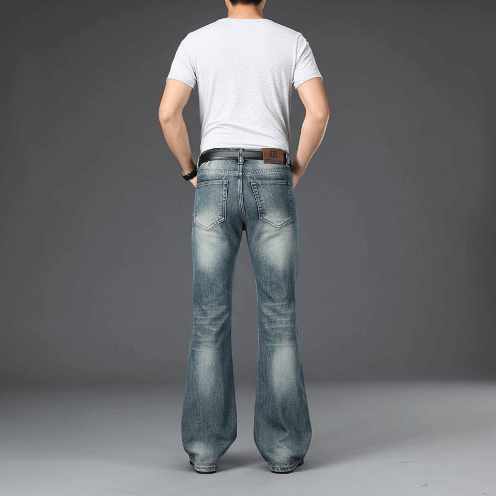 Jeanity Denim – Men's Retro Bootcut Flared Denim Jeans – JeanityDenimMensRetroBootcutFlaredDenimJeansBackViewRetroBlueBootcutFlareJeans20260426130254png