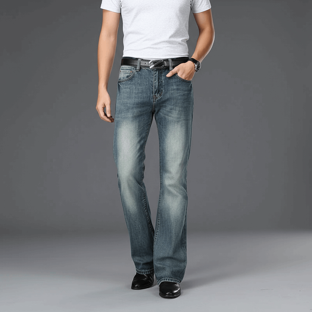 Jeanity Denim – Men's Retro Bootcut Flared Denim Jeans – JeanityDenimMensRetroBootcutFlaredDenimJeansFrontViewRetroBlueBootcutFlareJeans20260426130246png