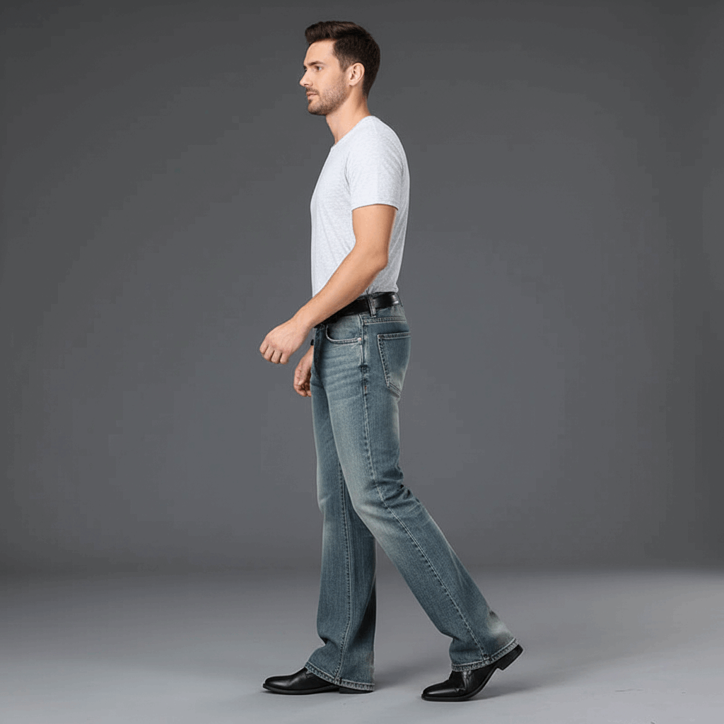 Jeanity Denim – Men's Retro Bootcut Flared Denim Jeans – JeanityDenimMensRetroBootcutFlaredDenimJeansSideViewRetroBlueBootcutFlareJeans20260426130249png