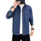 Jeanity Denim – Men's Sand-Washed Denim Shirt - Slim Fit – JeanityDenimMensSandWashedDenimShirtSlimFitPersonwearingabluedenimshirtoverawhitetshirttakingamirrorselfie20260216125511jpg