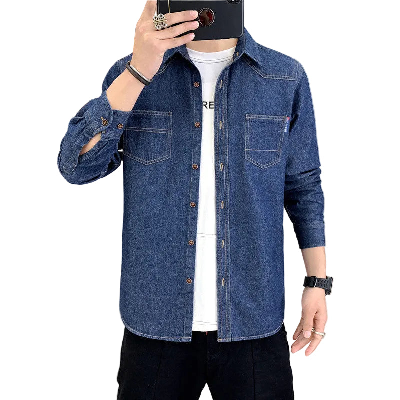 Jeanity Denim – Men's Sand-Washed Denim Shirt - Slim Fit – JeanityDenimMensSandWashedDenimShirtSlimFitPersonwearingabluedenimshirtoverawhitetshirttakingamirrorselfie20260216125511jpg