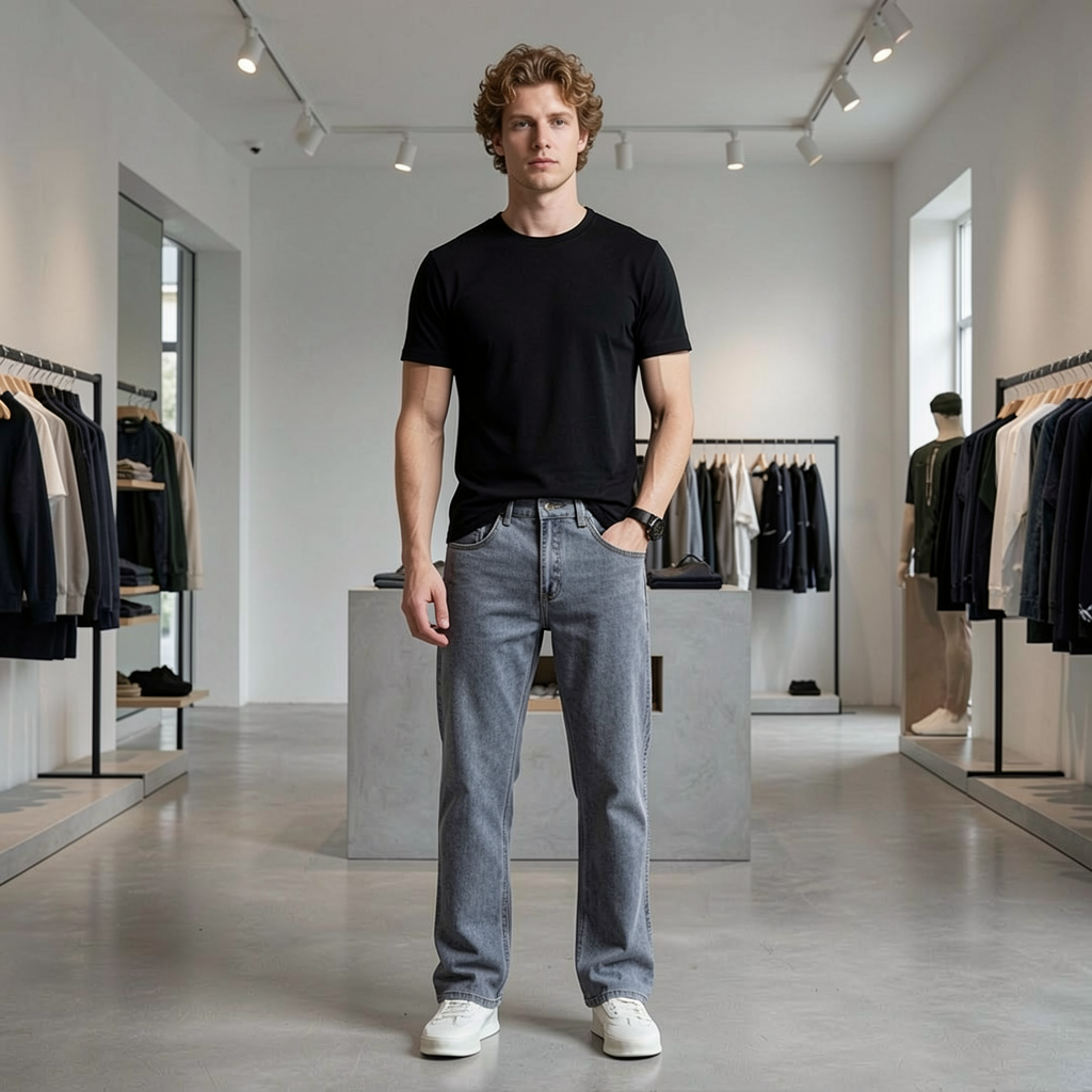 Jeanity Denim – Men's Straight Leg Bootcut Denim Jeans – JeanityDenimMensStraightLegBootcutDenimJeansManwearingablacktshirtandgrayjeansstandinginaclothingstore20260525051832png