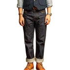 Jeanity Denim – Men's Vintage Straight-Leg Denim Jeans - Blue – JeanityDenimMensVintageStraightLegDenimJeansBluePersonwearingdarkjeanswithrolledupcuffsandbrownshoesinaroomwithwoodenpaneling20260215145412jpg