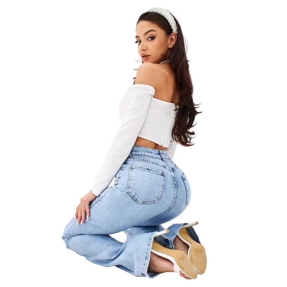 Jeanity Denim – Mid-Rise Relaxed Flared Jeans - Elegant Commuter – JeanityDenimMidRiseRelaxedFlaredJeansElegantCommuterWomanwearingawhiteoffshouldertopandlightbluejeansonawhitebackground20260215141600jpg