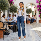 Jeanity Denim – Mid-Rise Stripe Straight-Leg Jeans – JeanityDenimMidRiseStripeStraightLegJeansWomaninastylishoutfitwithascarfandjeansstandinginanoutdoorsettingwithpeopledining20260527235125png