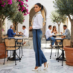 Jeanity Denim – Mid-Rise Stripe Straight-Leg Jeans – JeanityDenimMidRiseStripeStraightLegJeansWomaninawhiteshirtandbluejeansstandinginanoutdoorcafesettingwithpeopledininginthebackground20260527235907png