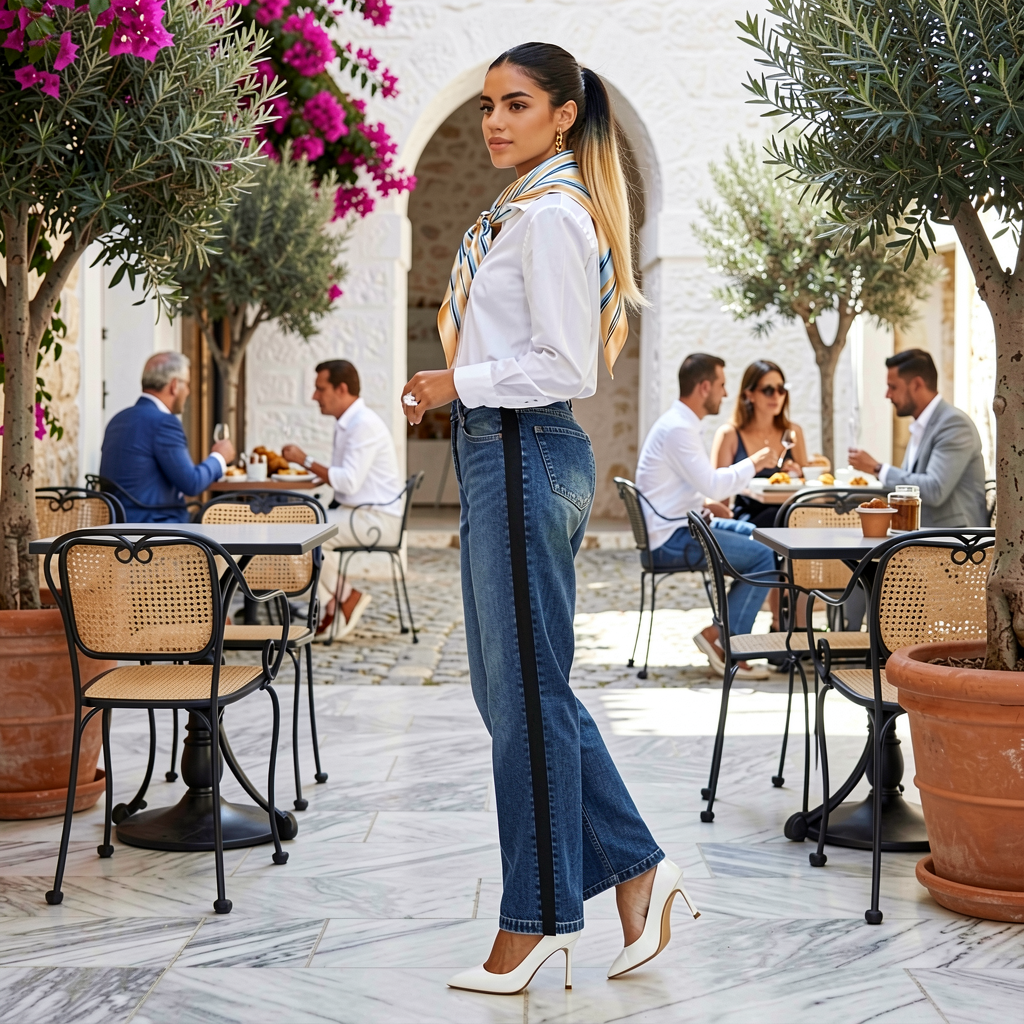 Jeanity Denim – Mid-Rise Stripe Straight-Leg Jeans – JeanityDenimMidRiseStripeStraightLegJeansWomaninawhiteshirtandbluejeansstandinginanoutdoorcafesettingwithpeopledininginthebackground20260527235907png