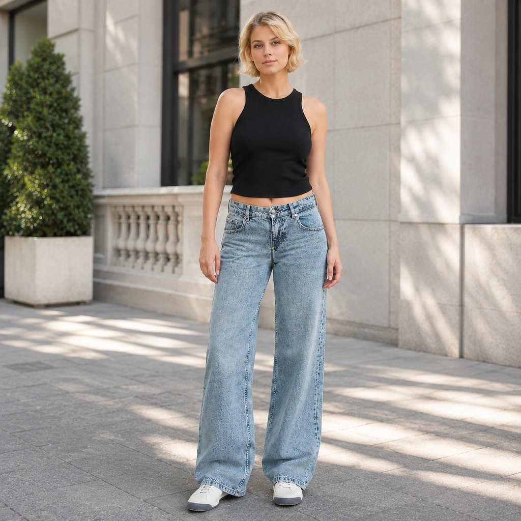Jeanity Denim – Mid Rise Straight Leg Jeans – JeanityDenimMidRiseStraightLegJeansWomanwearingablacksleevelesstopandbluejeansstandingonasidewalk20260513044154png