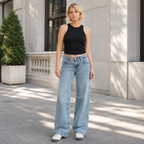Jeanity Denim – Mid Rise Straight Leg Jeans – JeanityDenimMidRiseStraightLegJeansWomanwearingablacksleevelesstopandbluejeansstandingonasidewalk20260513044154png