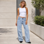Jeanity Denim – Mid Rise Straight Leg Jeans – JeanityDenimMidRiseStraightLegJeansWomanwearingawhitetanktopandlightbluejeansstandingoutdoors20260513043308png