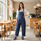 A woman stands in a bright, modern cafe wearing a pair of wide-leg blue denim overalls over a white long-sleeve shirt, paired with blue sneakers.