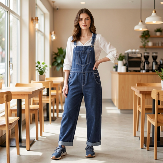 A woman stands in a bright, modern cafe wearing a pair of wide-leg blue denim overalls over a white long-sleeve shirt, paired with blue sneakers.