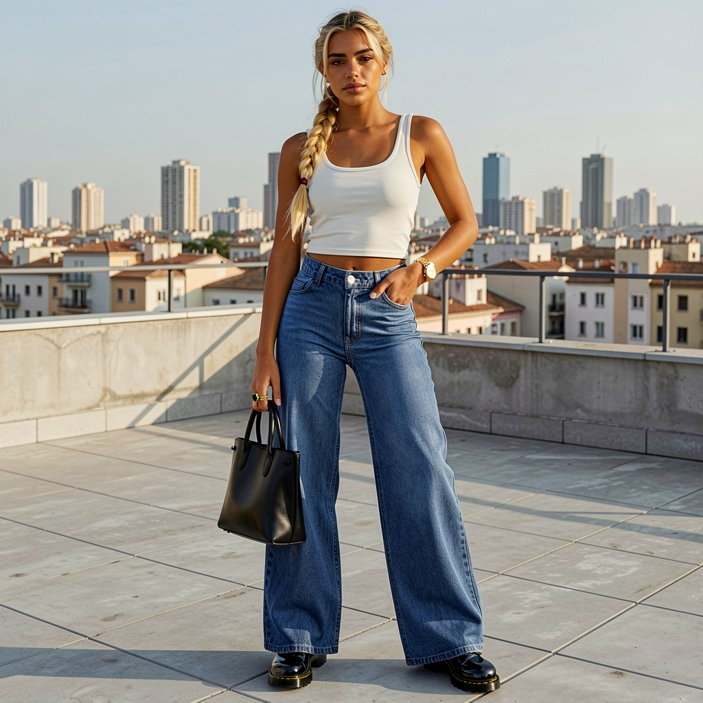 Woman in white top and blue jeans standing on a rooftop with cityscape in the background
