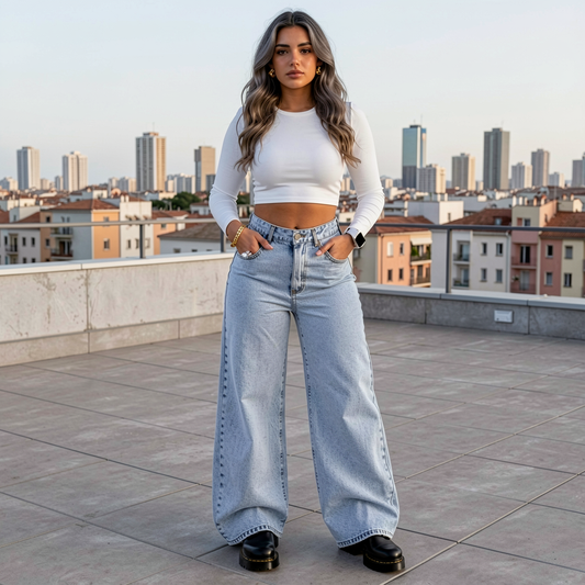 Woman in white crop top and blue jeans standing on a rooftop with cityscape in the background