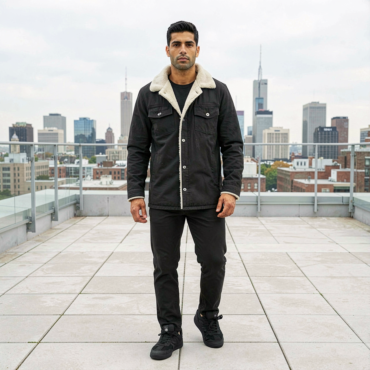 Men's Black Mid-length Fleece Lined Denim Jacket 