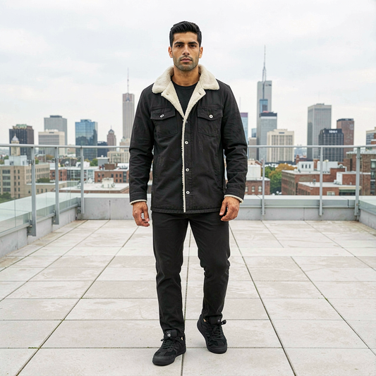 Men's Black Mid-length Fleece Lined Denim Jacket 