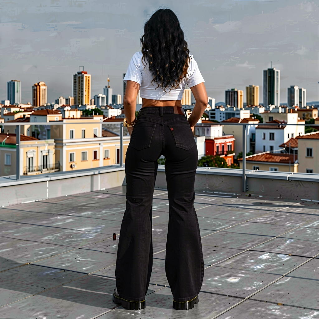Person standing on a rooftop with a cityscape in the background
