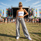 Woman posing at a music festival with colorful flags and stage in the background