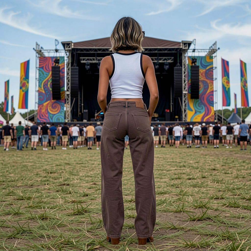 Person standing on a grassy field facing a music festival stage with colorful banners.