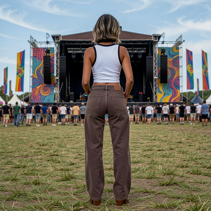 Person standing on a grassy field facing a music festival stage with colorful banners.