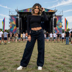 Woman posing in front of a colorful stage at a music festival.