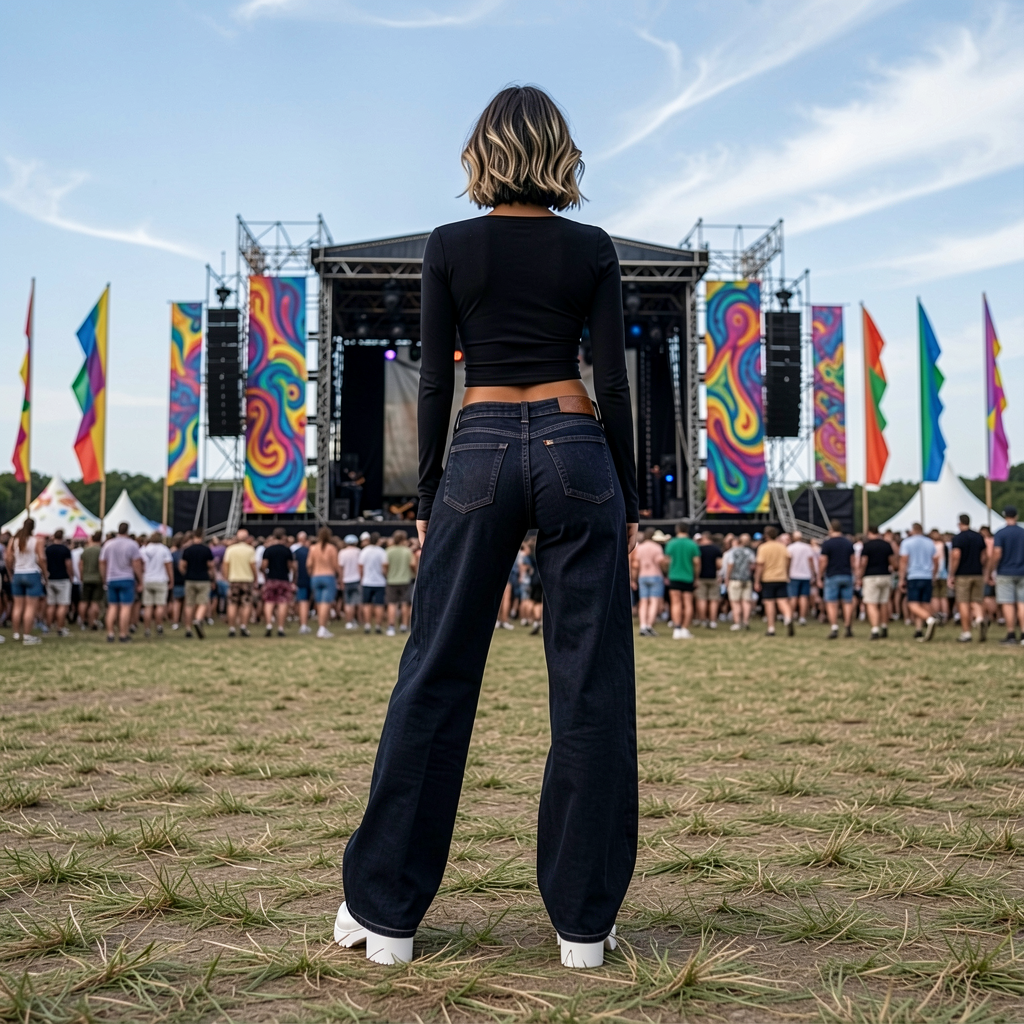 Person standing in a field at a music festival with colorful flags and stage in the background