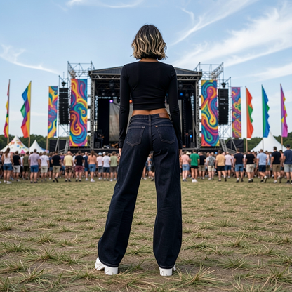 Person standing in a field at a music festival with colorful flags and stage in the background