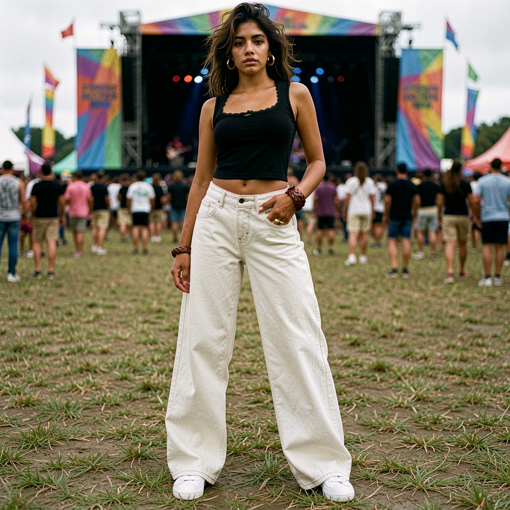 Woman in white wide leg denim jeans standing in a grassy field with a music festival backdrop