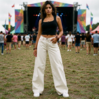 Woman in white wide leg denim jeans standing in a grassy field with a music festival backdrop