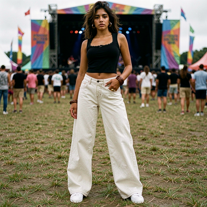 Woman in white wide leg denim jeans standing in a grassy field with a music festival backdrop