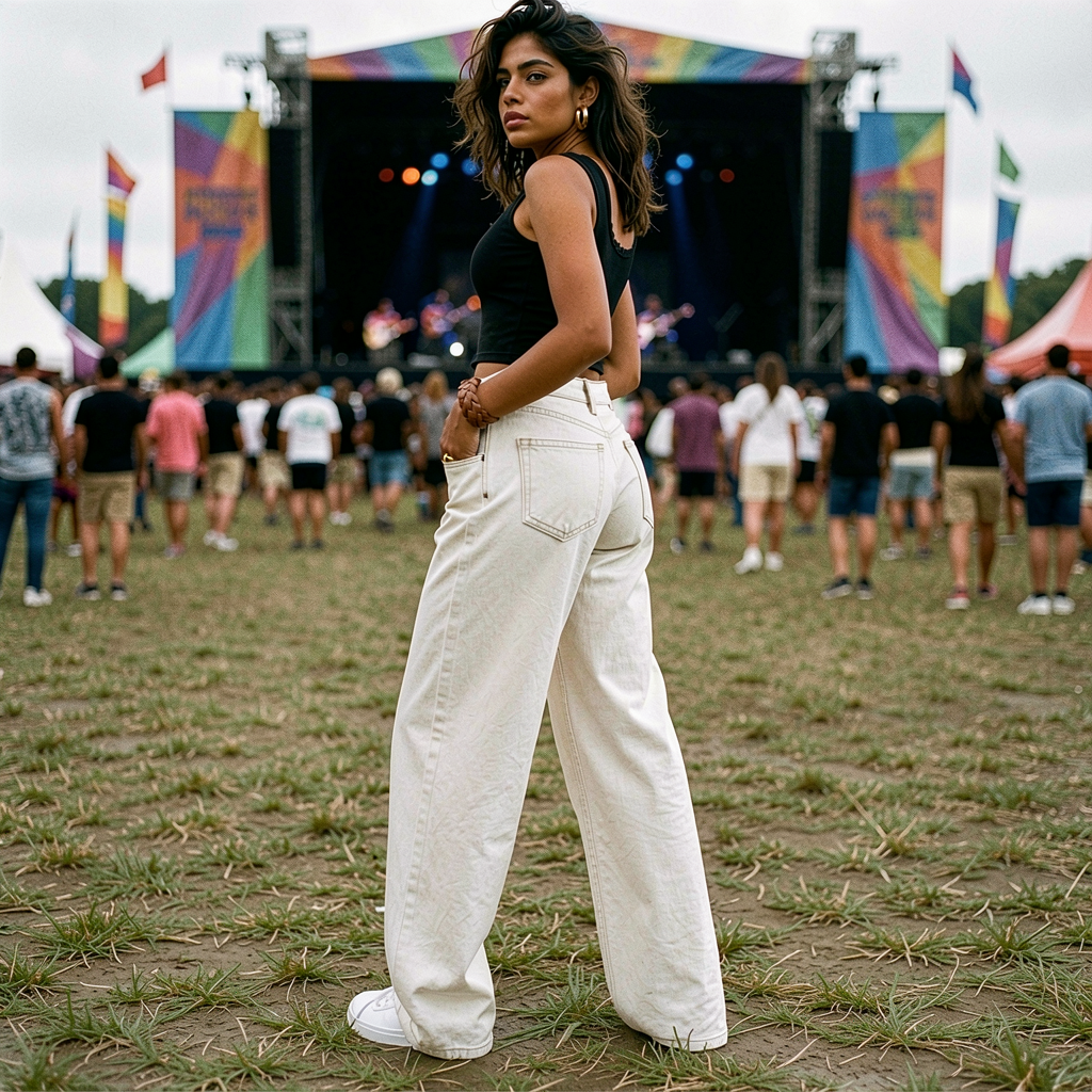 Person in white wide leg denim jeans at a music festival wearing a black top and white pants, with a stage and colorful flags in the background.