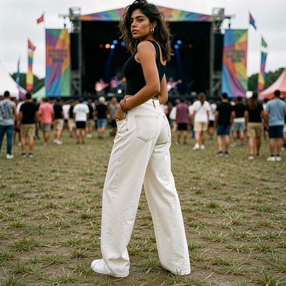 Person in white wide leg denim jeans at a music festival wearing a black top and white pants, with a stage and colorful flags in the background.