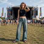 Woman standing in front of a music festival stage with colorful flags and people in the background.