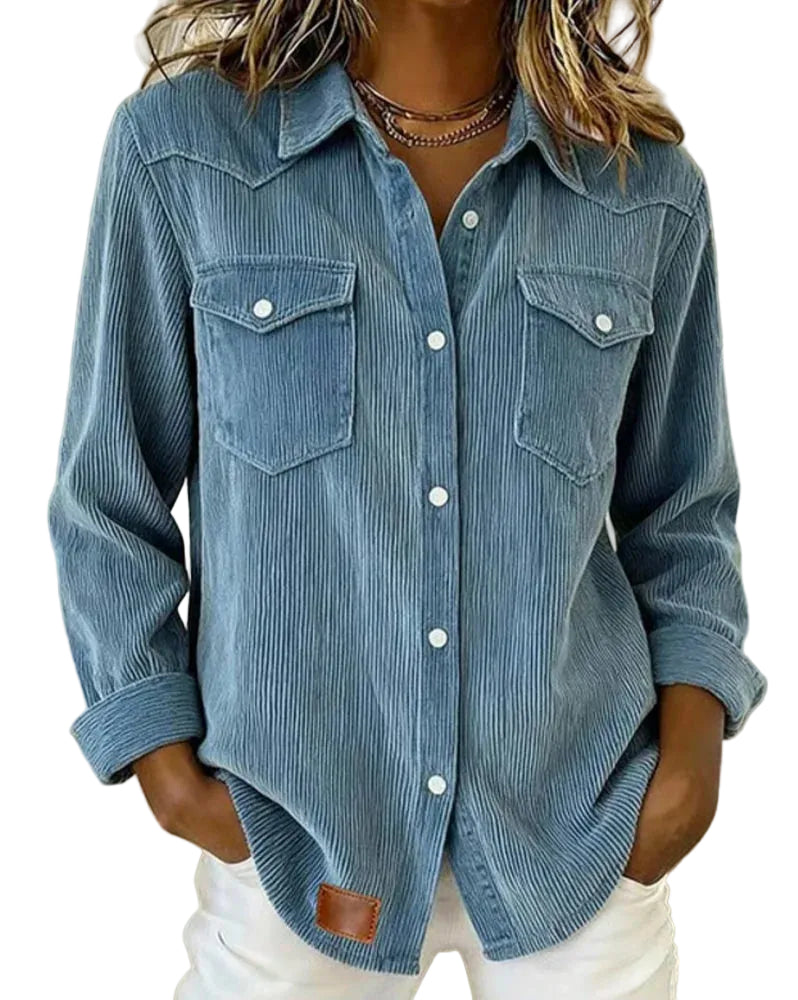 Jeanity Denim – Women's Corduroy Denim Shirt – JeanityDenimWomensCorduroyDenimShirtBluedenimshirtwornbyapersonwithaneutralbackground20260217011709jpg