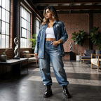 Jeanity Denim – Women's Distressed Long Jean Jacket – JeanityDenimWomensDistressedLongJeanJacketWomanindenimoutfitstandinginamodernindoorsettingwithbrickwallsandlargewindows20260528061054png