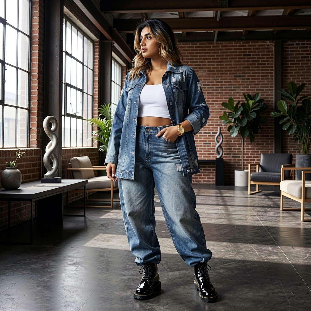 Jeanity Denim – Women's Distressed Long Jean Jacket – JeanityDenimWomensDistressedLongJeanJacketWomanindenimoutfitstandinginamodernindoorsettingwithbrickwallsandlargewindows20260528061054png