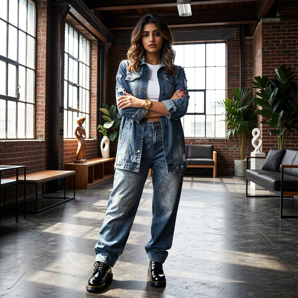 Jeanity Denim – Women's Distressed Long Jean Jacket – JeanityDenimWomensDistressedLongJeanJacketWomanindenimoutfitstandinginamoderninteriorsettingwithlargewindowsandbrickwalls20260528060738png