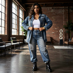 Jeanity Denim – Women's Distressed Long Jean Jacket – JeanityDenimWomensDistressedLongJeanJacketWomanwearingadenimjacketandjeansinamoderninteriorsetting20260528060920png