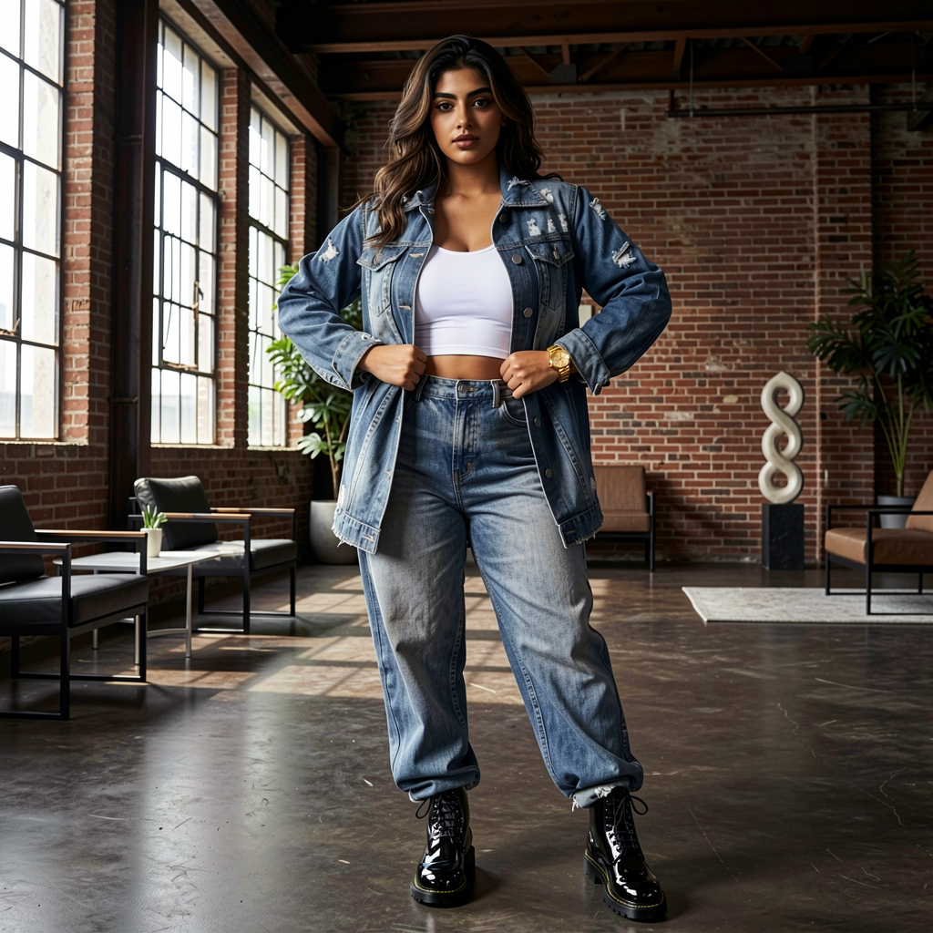 Jeanity Denim – Women's Distressed Long Jean Jacket – JeanityDenimWomensDistressedLongJeanJacketWomanwearingadenimjacketandjeansinamoderninteriorsetting20260528060920png