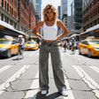 Woman posing on a city street with blurred taxis and bicycles in the background