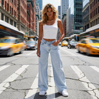 Woman standing on a city street with blurred taxis in the background