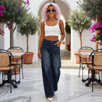 Women's Retro Washed Denim Wide-Leg Jean Pants