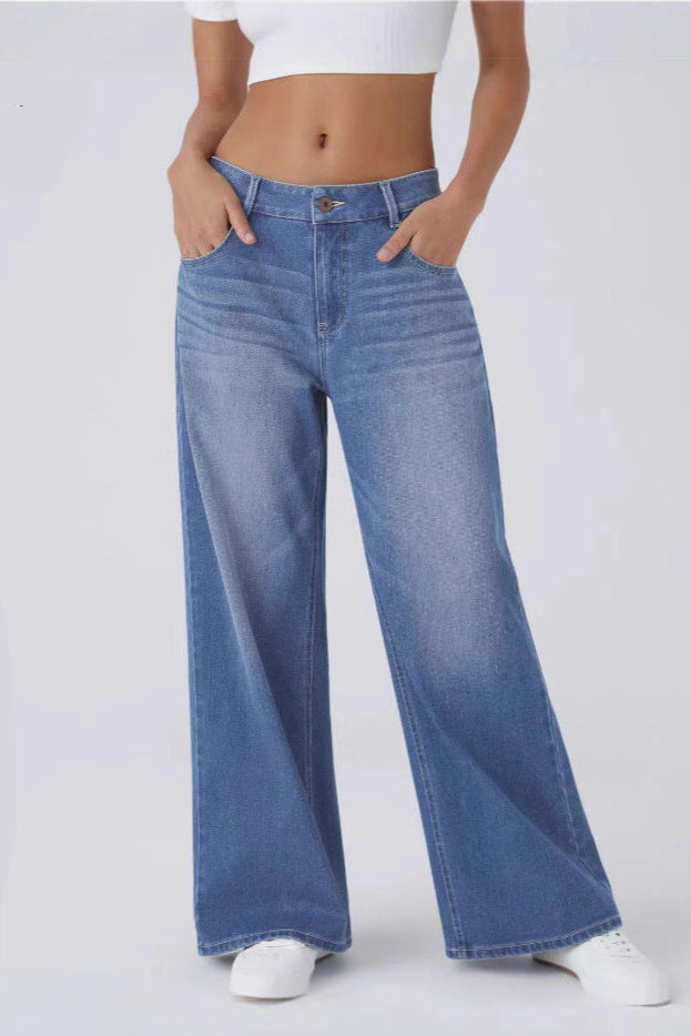 Jeanity Denim – Women's Retro Washed Denim Wide-Leg Jean Pants – JeanityDenimWomensRetroWashedDenimWideLegJeanPantsPersonwearingbluewidelegjeansonawhitebackgroundwithasalelabel20260316060525jpg