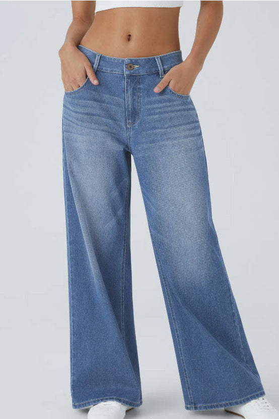 Jeanity Denim – Women's Retro Washed Denim Wide-Leg Jean Pants – JeanityDenimWomensRetroWashedDenimWideLegJeanPantsPersonwearingbluewidelegjeanswithasalelabelonawhitebackground20260316060532jpg