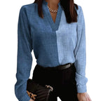 Jeanity Denim – Women's Two-Tone V-Neck Denim Shirt – JeanityDenimWomensTwoToneVNeckDenimShirtPersonwearingablueandblackcheckeredshirtwithablurredbackground20260217011721jpg