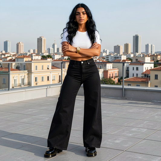 Woman standing on a rooftop with a cityscape in the background