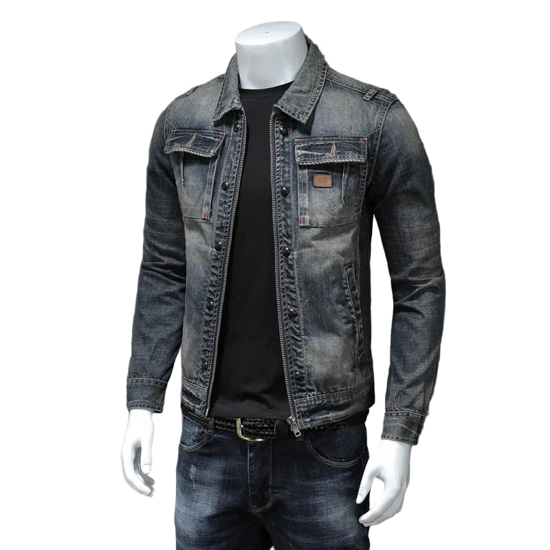 Denim jacket and jeans on a mannequin against a gray background