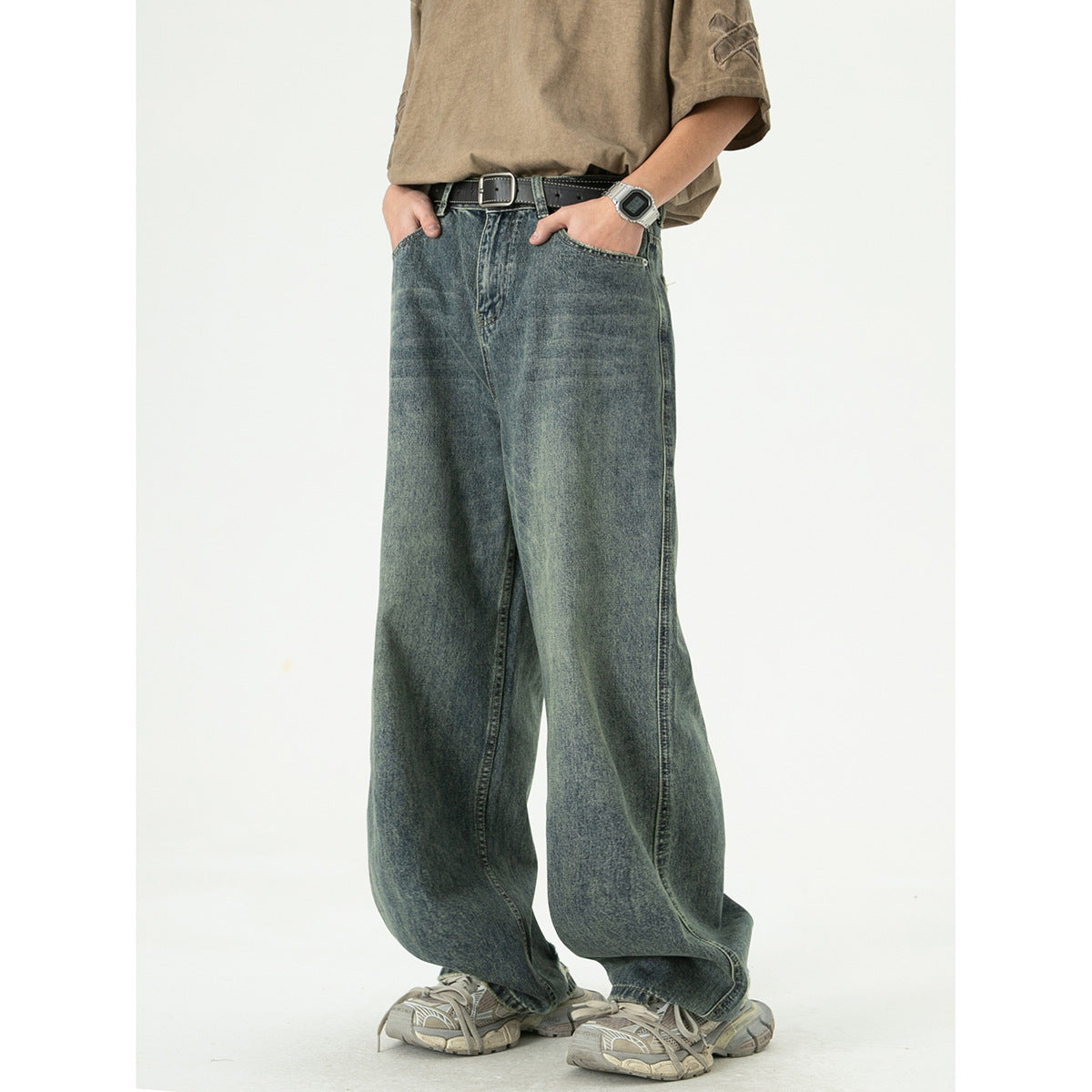 Men's Retro Wide-Leg Distressed Denim Jeans