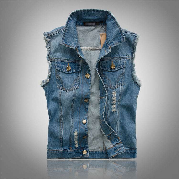 Men's Washed Denim Vest with Patch Pockets