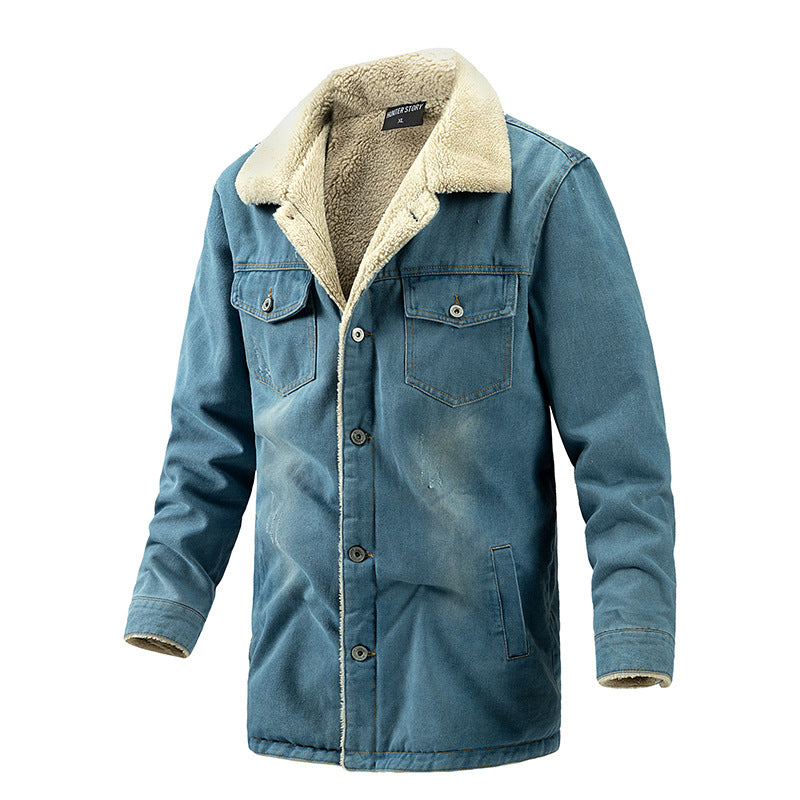 Men's Blue Mid-length Fleece Lined Denim Jacket